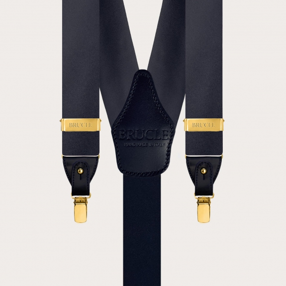 Blue double-use satin silk suspenders with gold buttons or clips