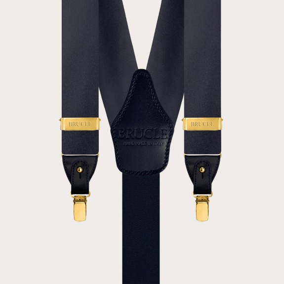 Blue double-use satin silk suspenders with gold buttons or clips