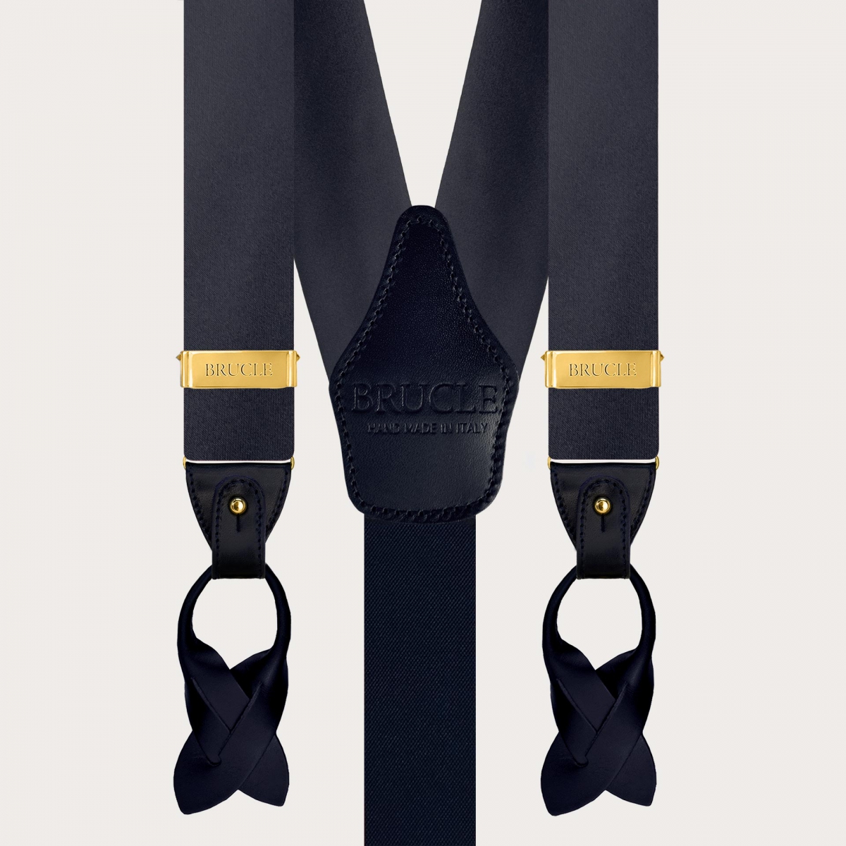 Blaue doppelverwendbare Satin-Seidenhosenträger mit goldenen Knöpfen oder Clips