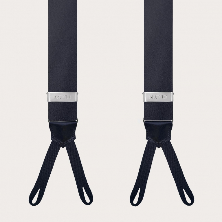 Navy blue silk satin suspenders with buttonholes