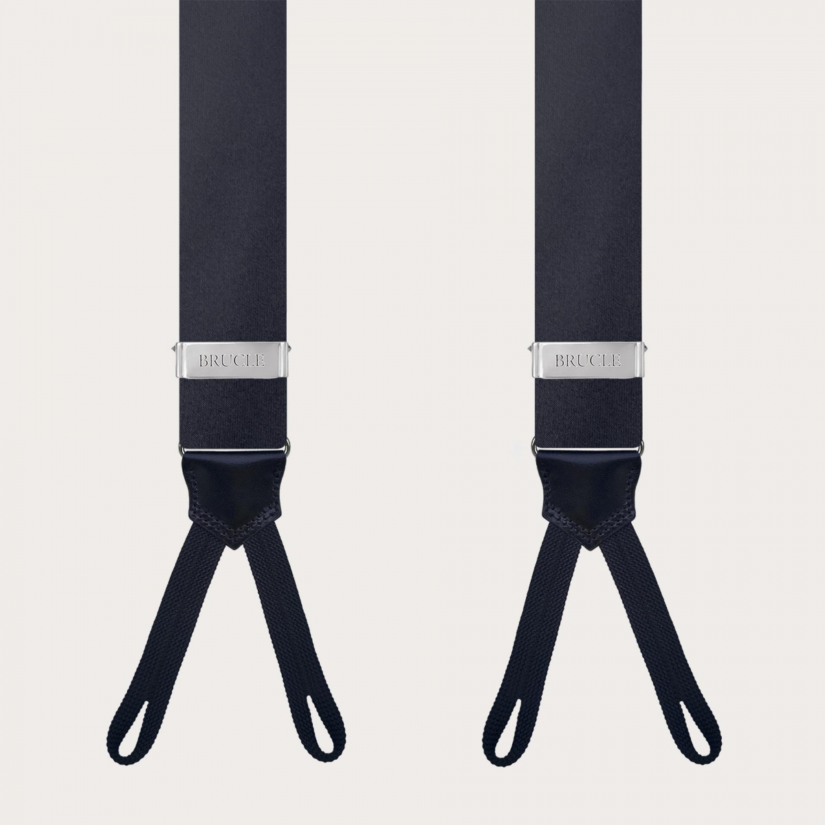 Navy blue silk satin suspenders with buttonholes