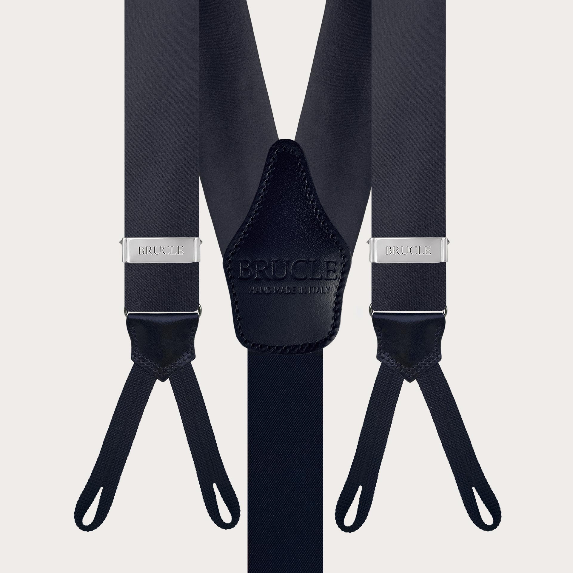 Navyblaue Seidensatin-Hosenträger mit Knopflöchern