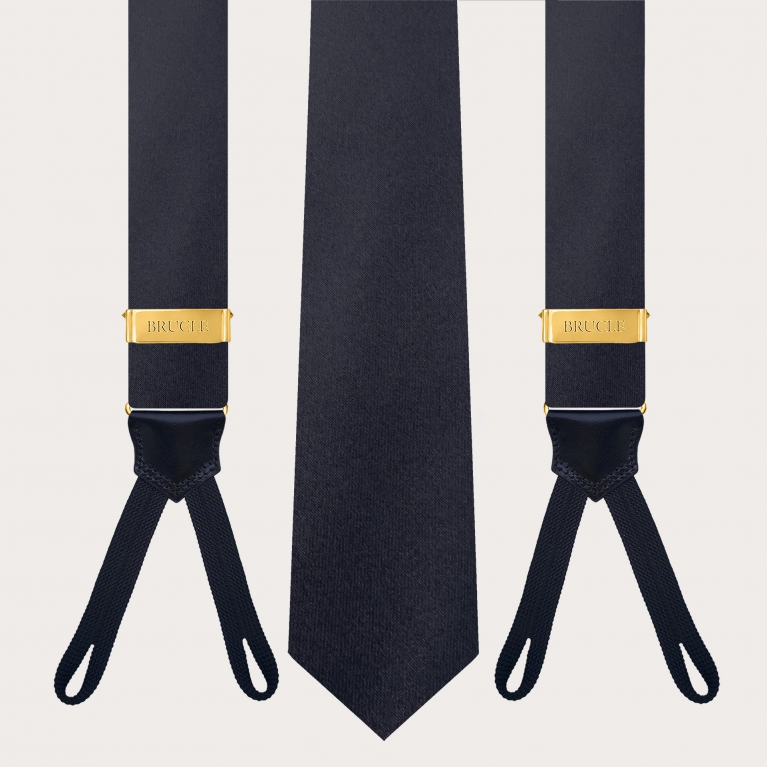 Conjunto coordinado de tirantes para botones y corbata de satén de seda azul marino