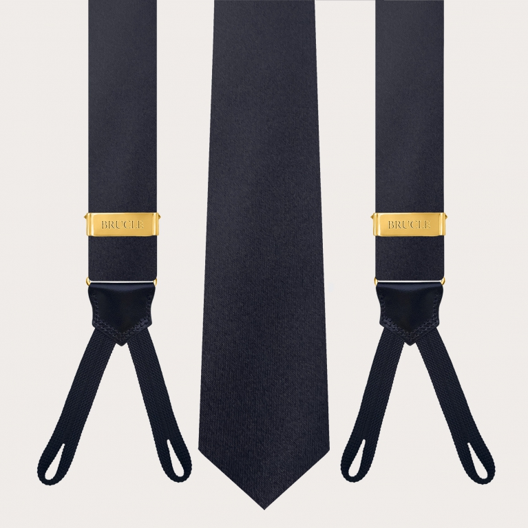 Coordinated set of button suspenders and navy blue silk satin tie