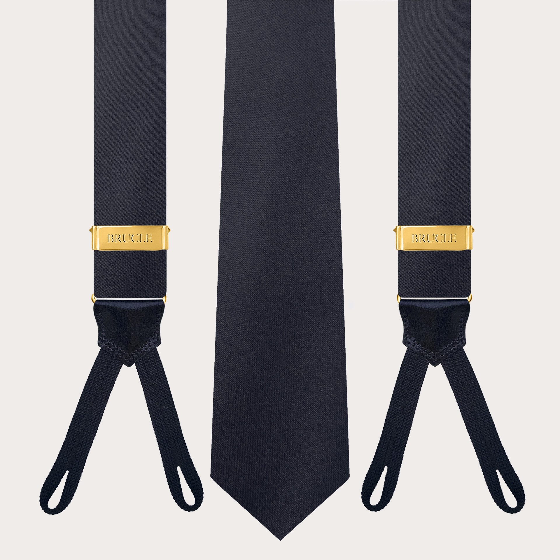 Coordinated set of button suspenders and navy blue silk satin tie