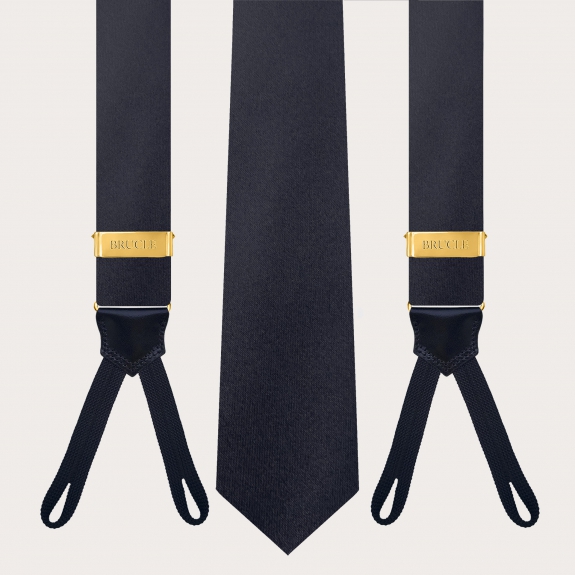 Coordinated set of button suspenders and navy blue silk satin tie