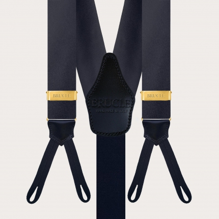 Conjunto coordinado de tirantes para botones y corbata de satén de seda azul marino