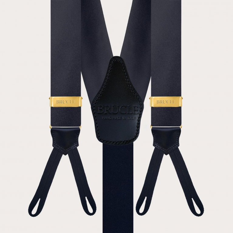 Navy blue silk satin men's suspenders for buttons with gold adjusters