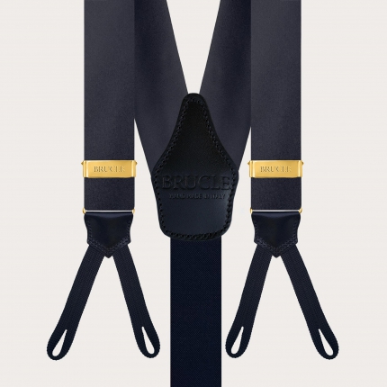 Navy blue silk satin men's suspenders for buttons with gold adjusters
