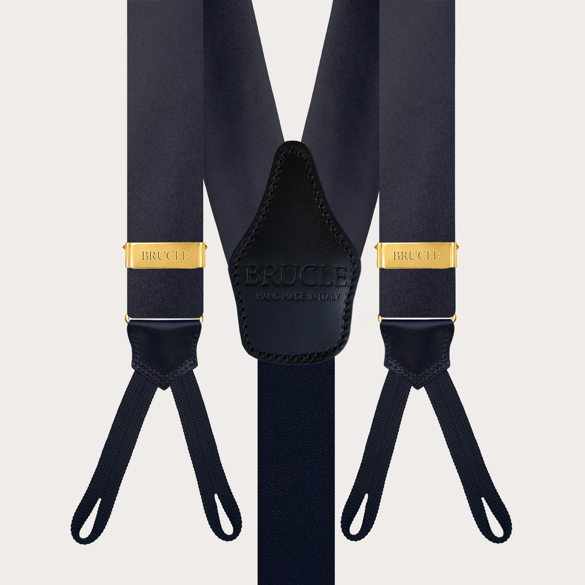 Marineblaue Seidensatin-Herrenhosenträger für Knöpfe mit goldenen Verstellern