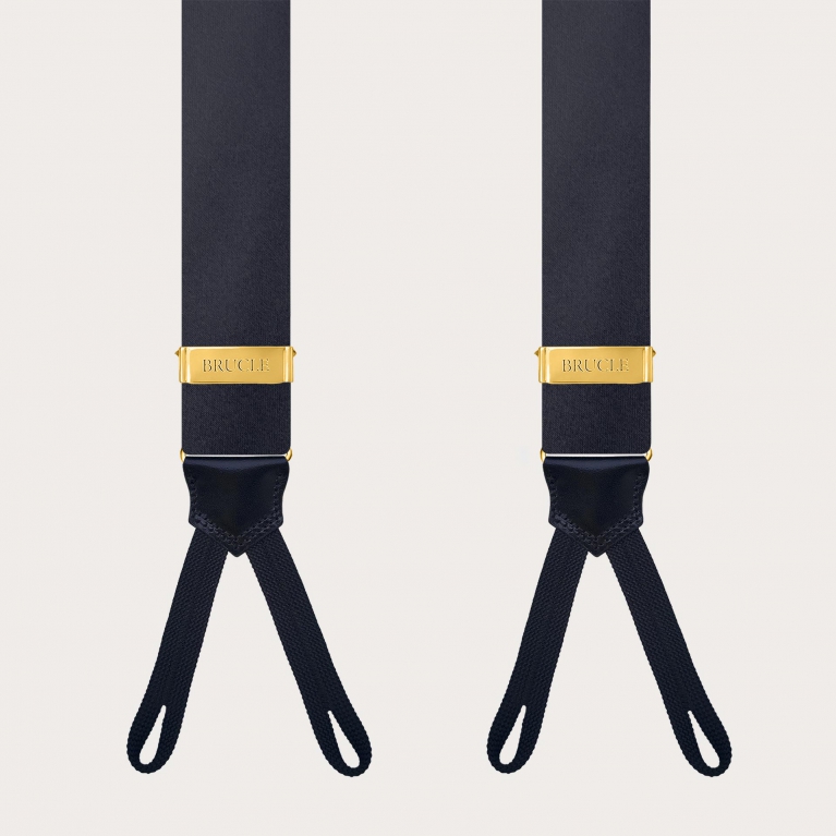 Navy blue silk satin men's suspenders for buttons with gold adjusters
