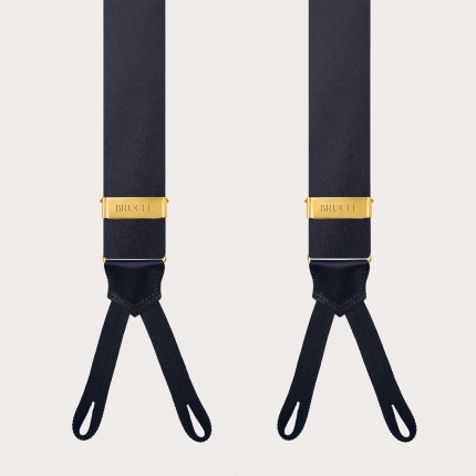 Marineblaue Seidensatin-Herrenhosenträger für Knöpfe mit goldenen Verstellern