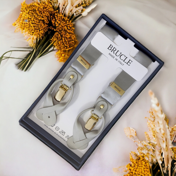 Narrow grey satin silk suspenders with gold clips
