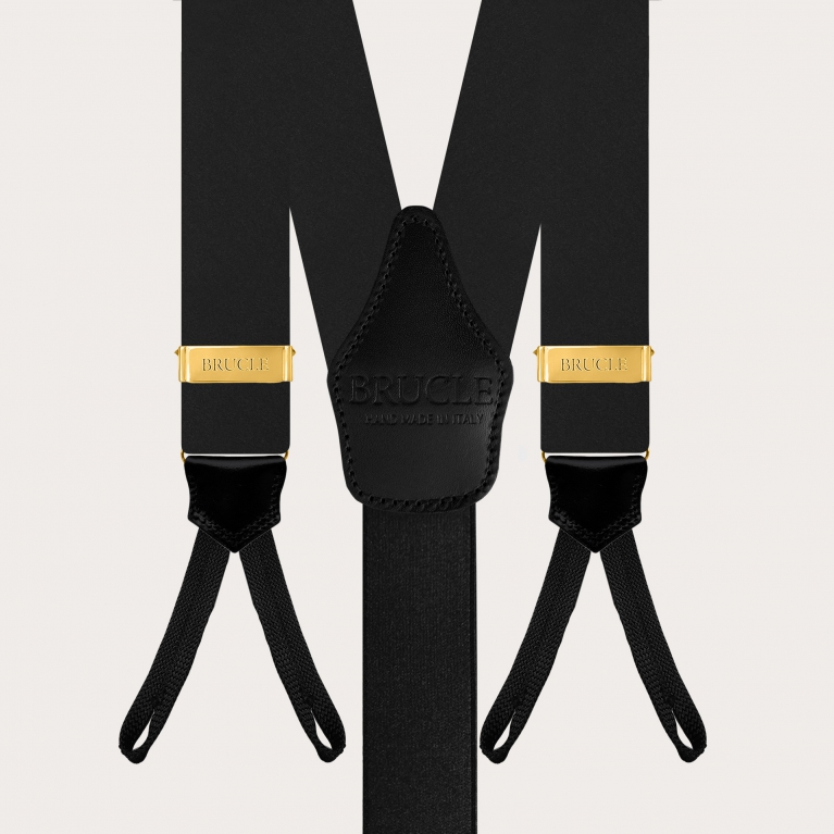 Bretelle nere in raso di seta con asole per bottoni, con regolatori oro