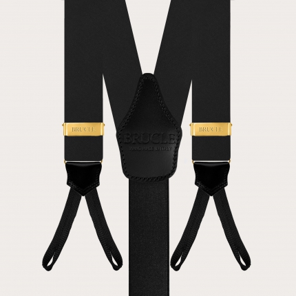 Schwarze Hosenträger aus Seidensatin mit Knopflöchern und goldenen Verstellern