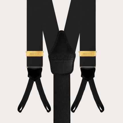 Black silk satin suspenders with buttonholes, with gold adjusters