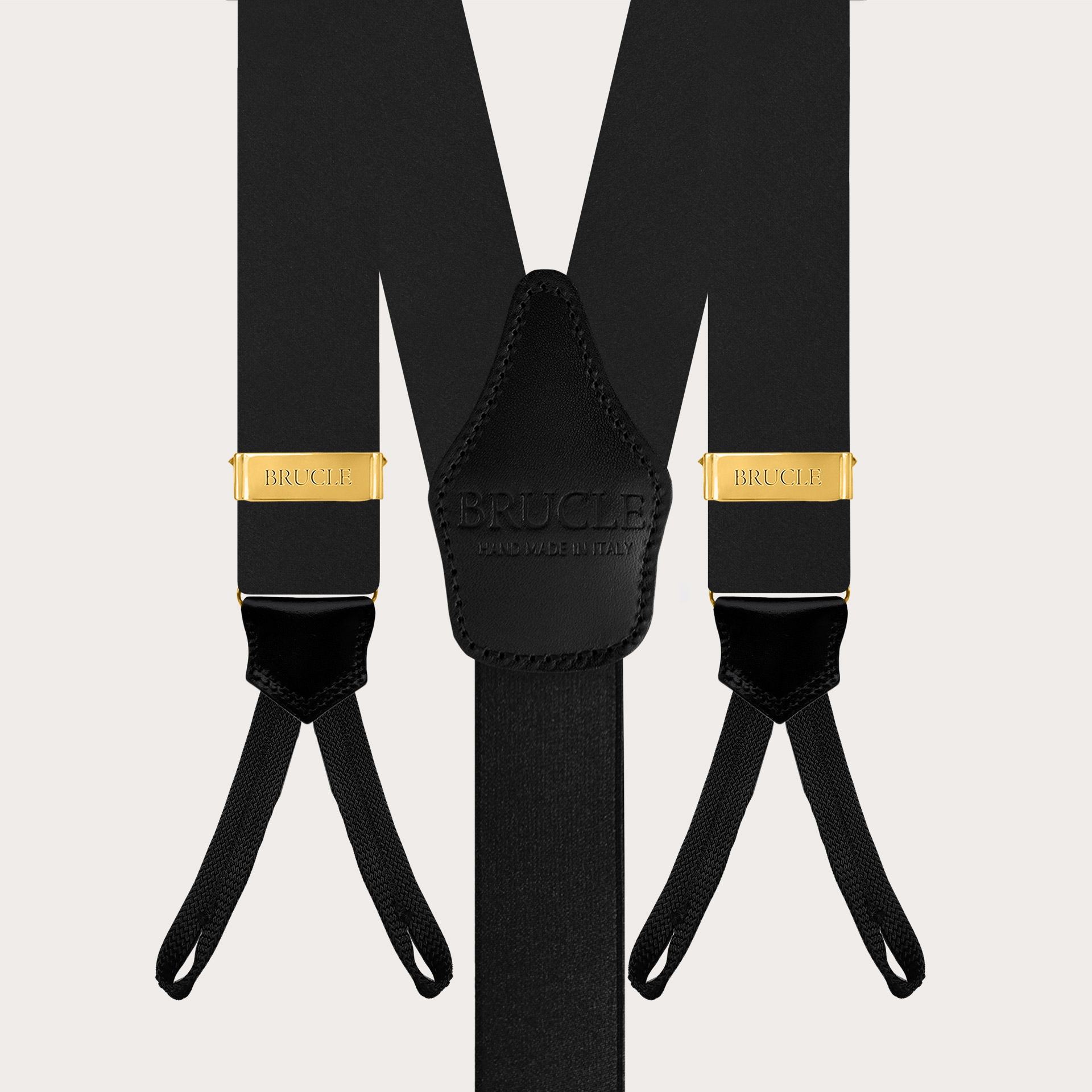 Black silk satin suspenders with buttonholes, with gold adjusters