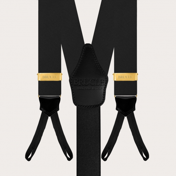 Black silk satin suspenders with buttonholes, with gold adjusters