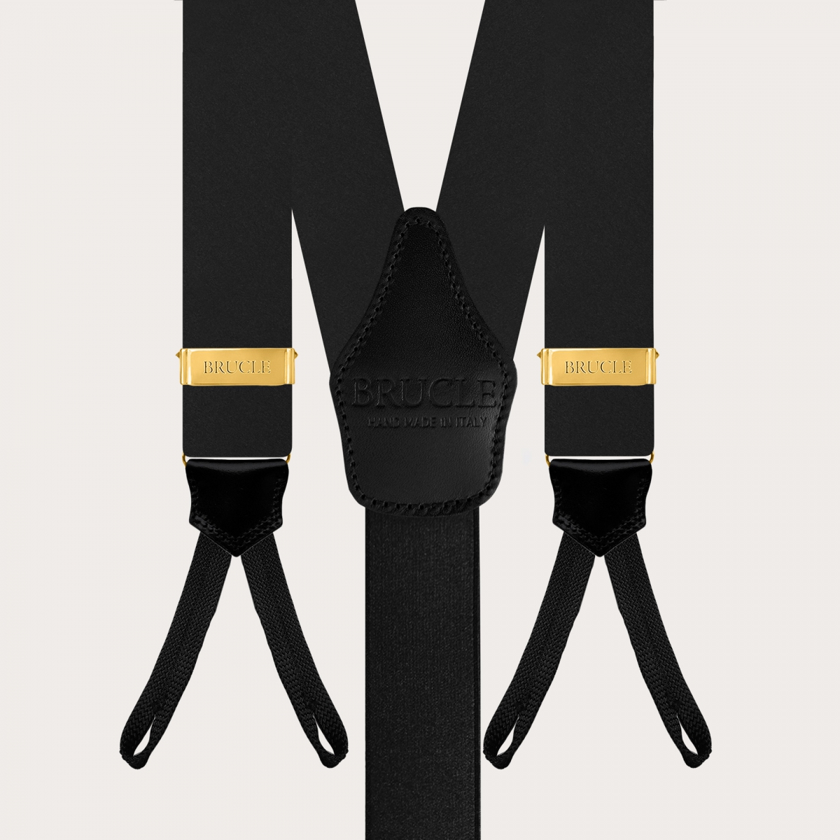 Bretelle nere in raso di seta con asole per bottoni, con regolatori oro
