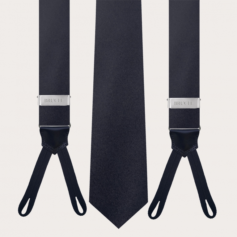 Coordinated set of navy blue silk tie and button suspenders set, black color