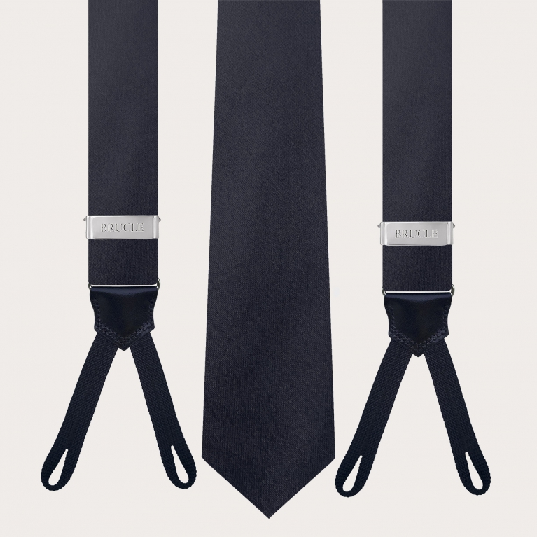 Set coordinato cravatta e bretelle per bottoni in seta blu navy