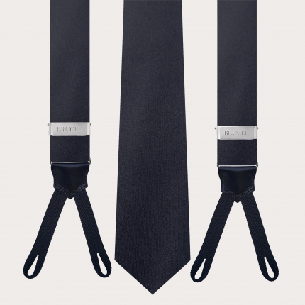 Coordinated set of navy blue silk tie and button suspenders set, black color