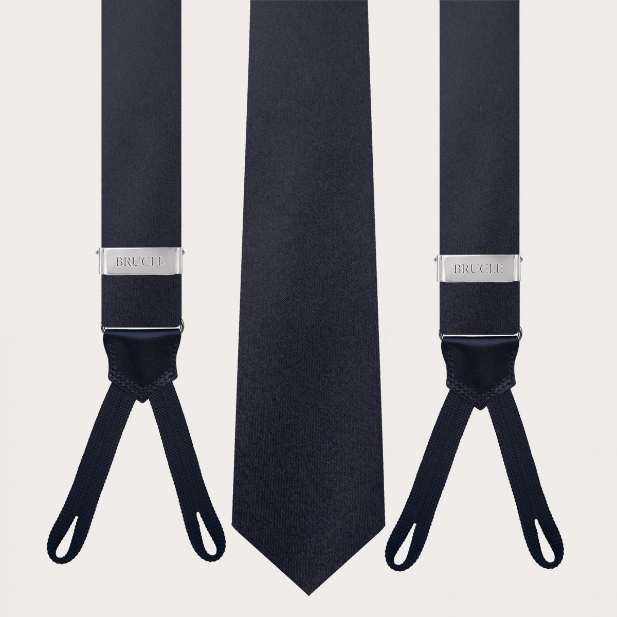 Conjunto coordinado de corbata y tirantes para botones en seda azul marino