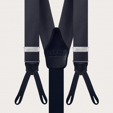 Coordinated set of navy blue silk tie and button suspenders set, black color