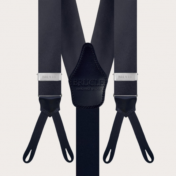 Coordinated set of navy blue silk tie and button suspenders