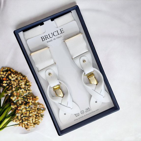 White jacquard silk men's suspenders with gold clips