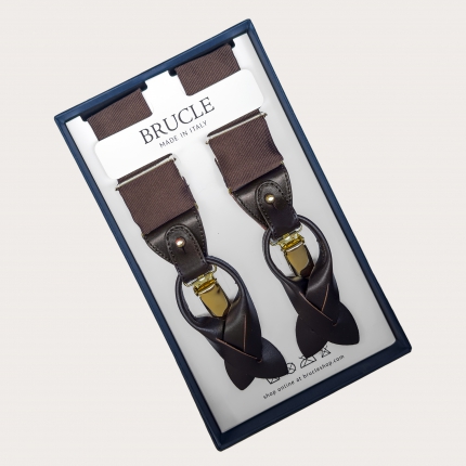 Brown silk dual-use suspenders with gold clips