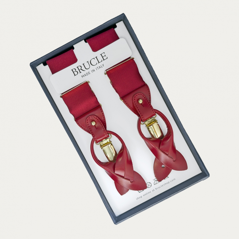 Red silk men's suspenders with dual-use gold clips