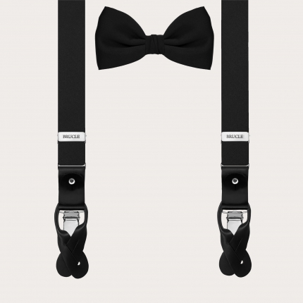 Silk narrow suspenders and black silk satin bow tie set