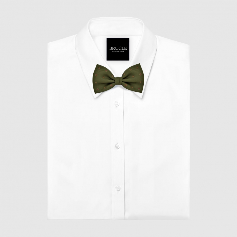 Green men's bow tie in printed silk with flowers, pre-tied