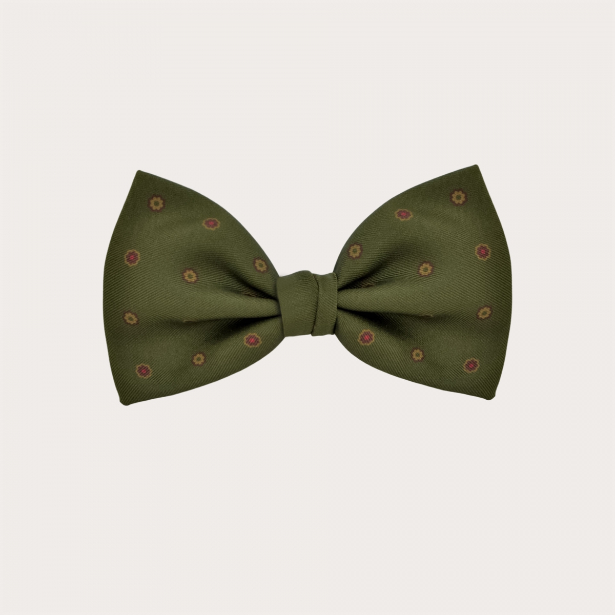 Green men's bow tie in printed silk with flowers, pre-tied