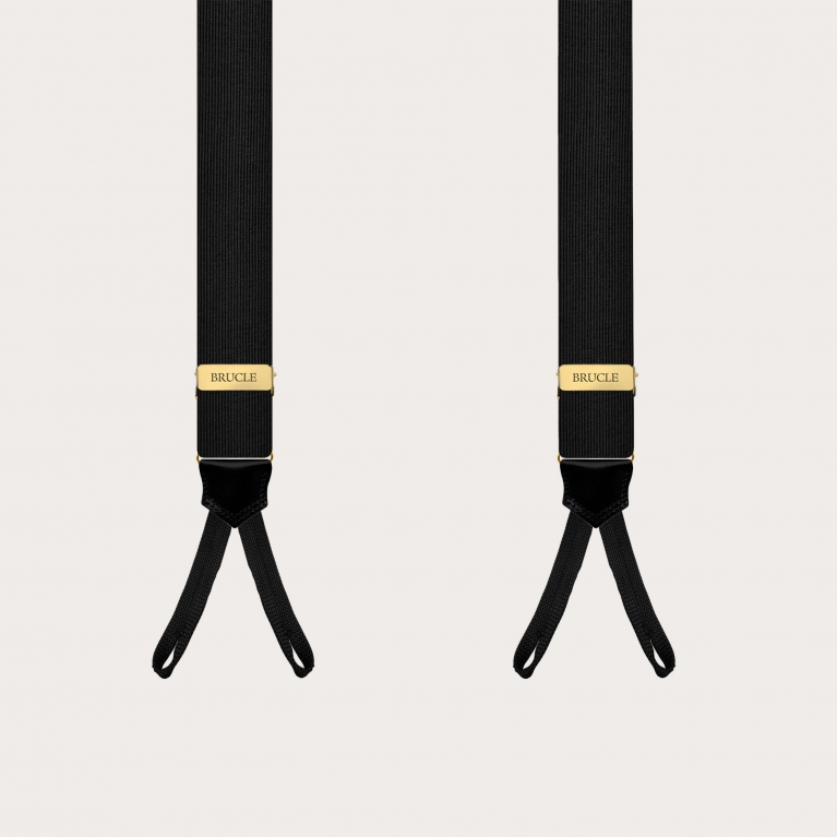 Black silk suspenders with gold adjusters for buttons