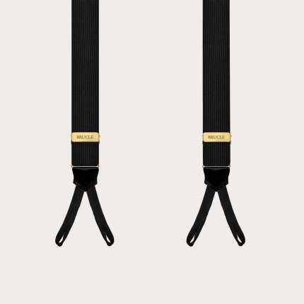 Bretelle in seta nere con regolatori oro per bottoni
