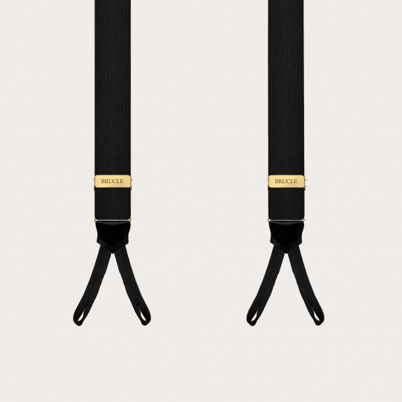 Black silk suspenders with gold adjusters for buttons