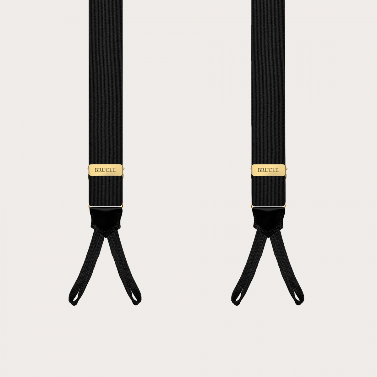 Black silk suspenders with gold adjusters for buttons