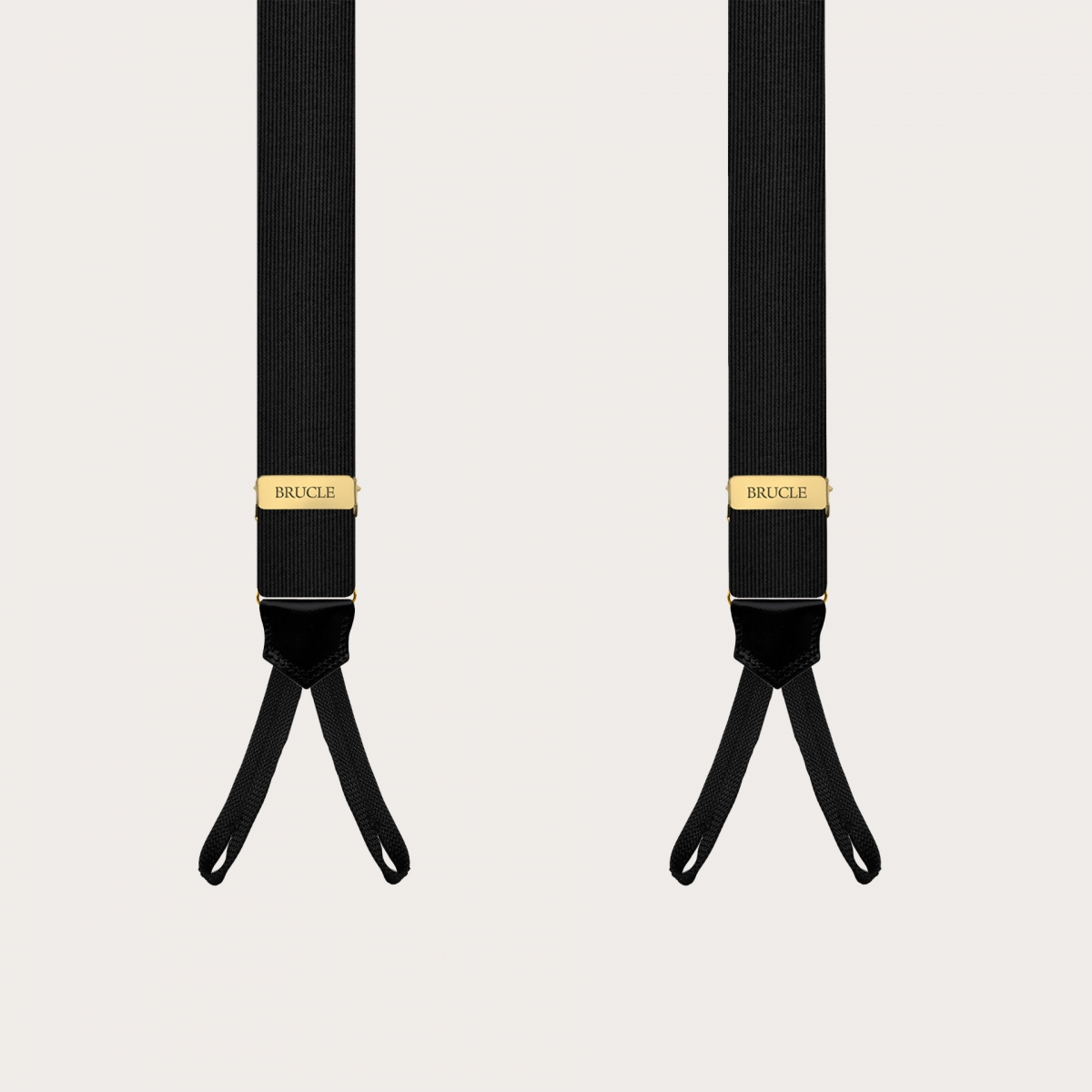 Bretelle in seta nere con regolatori oro per bottoni