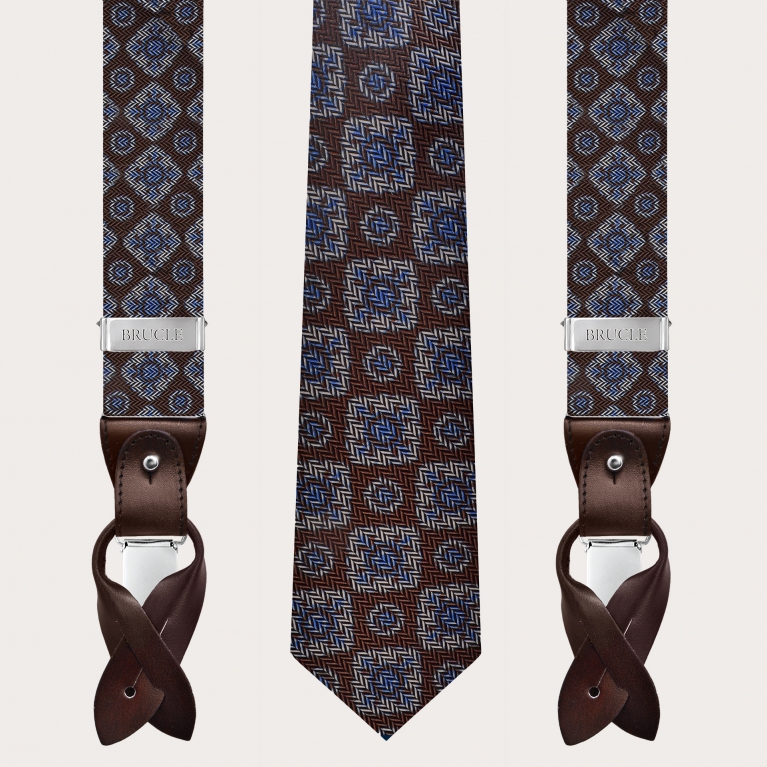 Brown silk suspender and tie set with spiked pattern