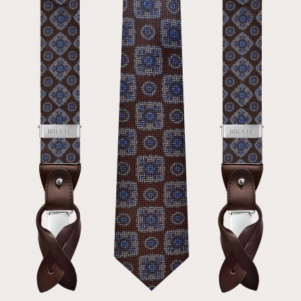 Brown silk suspender and tie set with spiked pattern