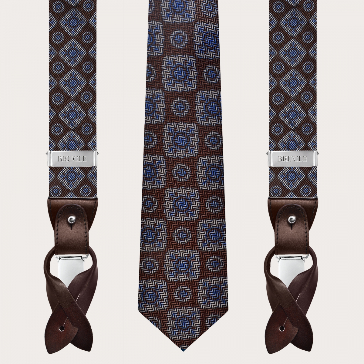 Braunes Seiden-Hosenträger- und Krawatten-Set mit Dornenmuster