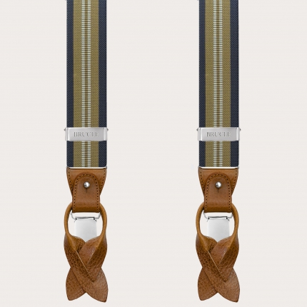 Suspenders with beige and blue stripes for buttons or clips