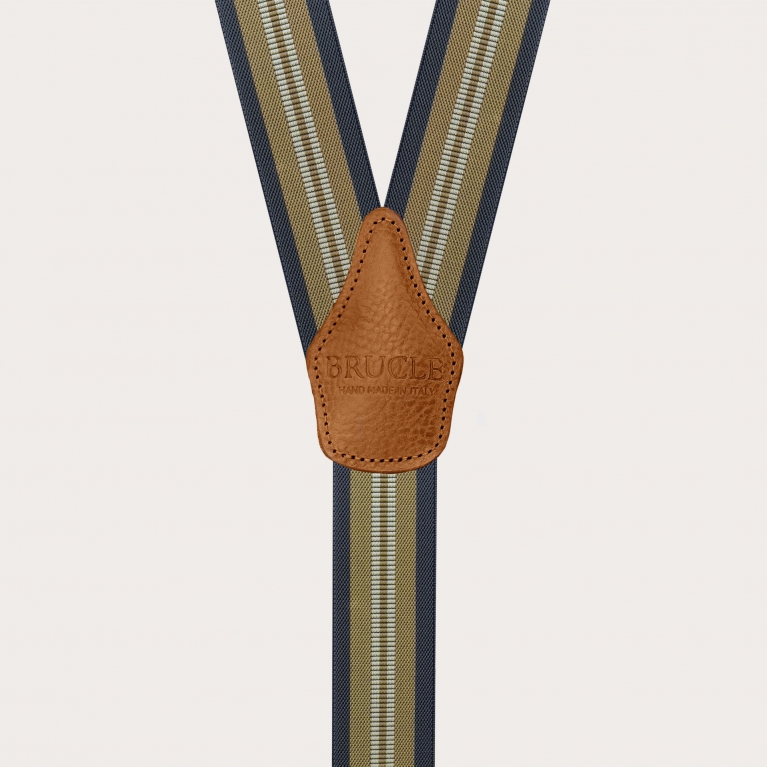Unisex beige und blau gestreifte elastische Hosenträger mit Clips