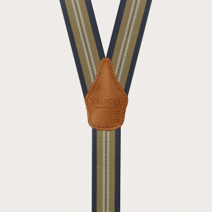 Bretelles élastiques unisexes beige et bleu à rayures avec clips