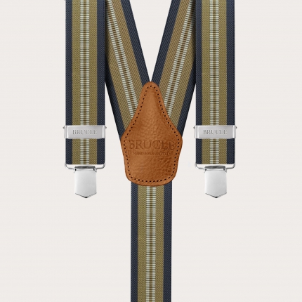 Bretelles élastiques unisexes beige et bleu à rayures avec clips