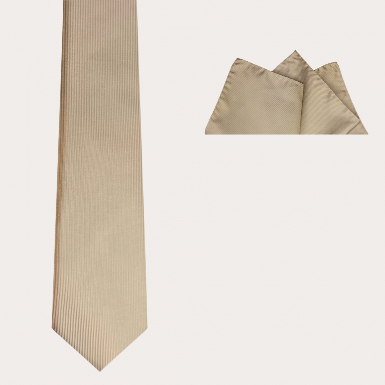 Koordiniertes Set aus Krawatte und Einstecktuch in champagnerfarbener Seide