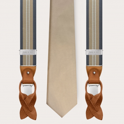 Conjunto coordinado de tirantes a rayas y corbata de seda color champán