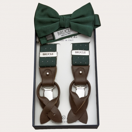 Elegant set of green polka-dot elastic suspenders and green silk bow tie